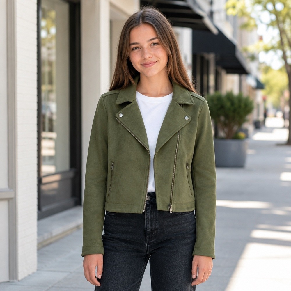 Old Navy Girls XL 14 Olive Green Faux Suede Asymmetrical Zip Moto Jacket